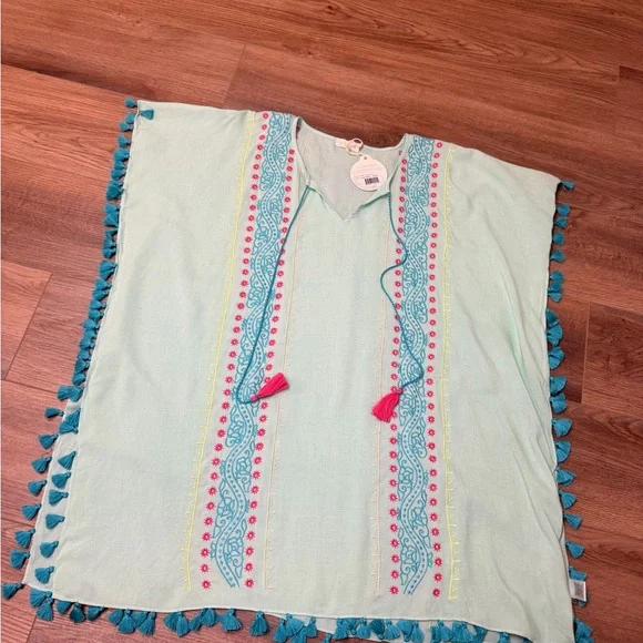 Spartina 449 Aqua Kaftan Cover Up Embroidered Tassel Boho Beach OS NWT Colorful - Picture 5 of 11